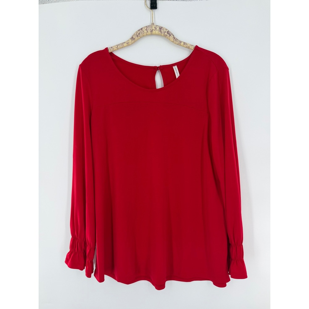 Passports Womens Red Long Sleeve Smocked Ruffle Cuff Blouse Keyhole Back Size L